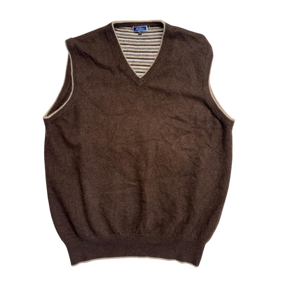 Tom James Mens 100% Cashmere V-Neck Sweater Vest Brown Striped Lining Large